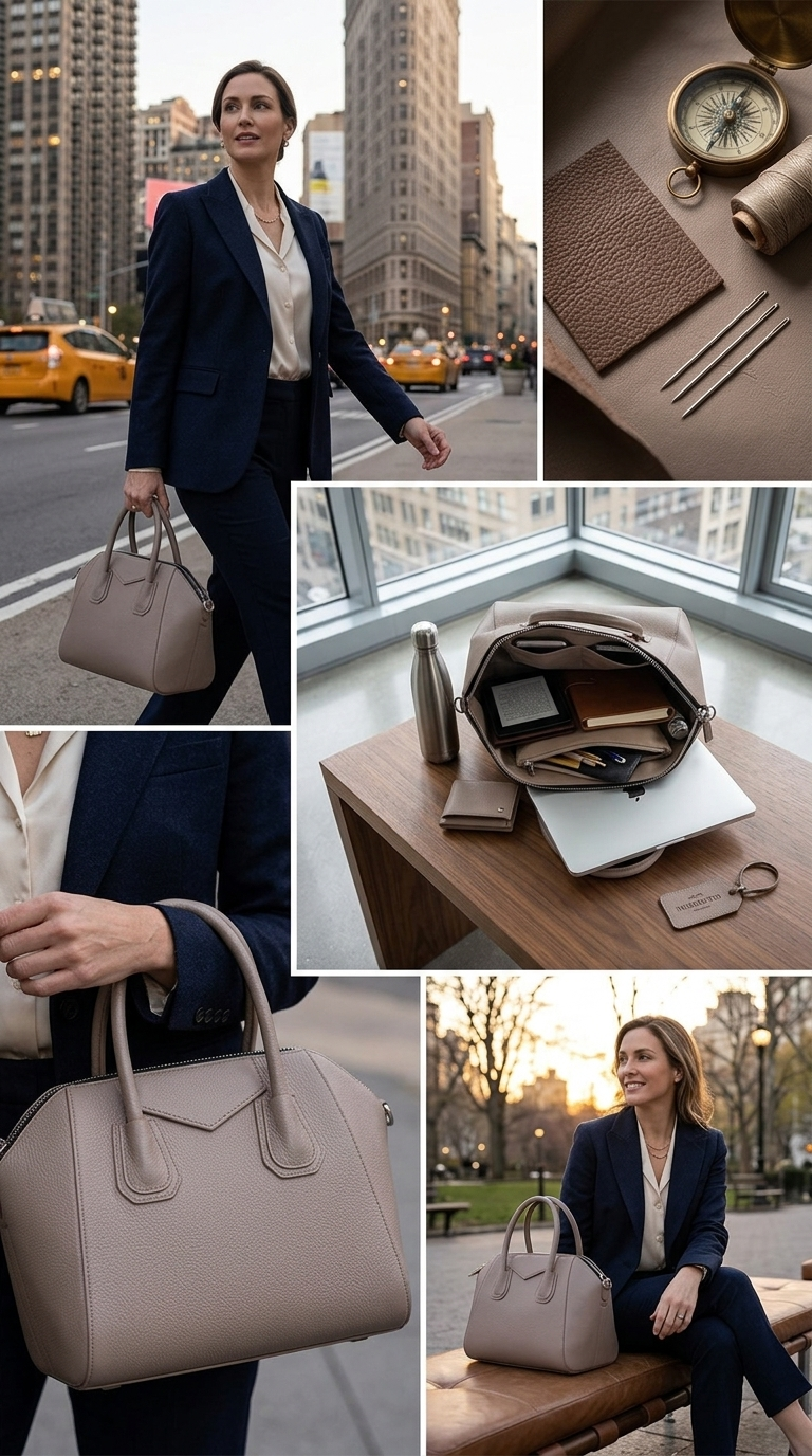Beige handbag collage showing city styling and daily capacity