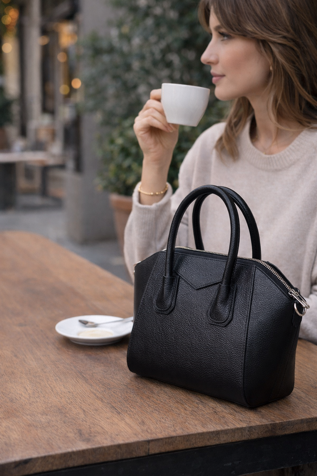 Black SYSL handmade leather handbag on a cafe table