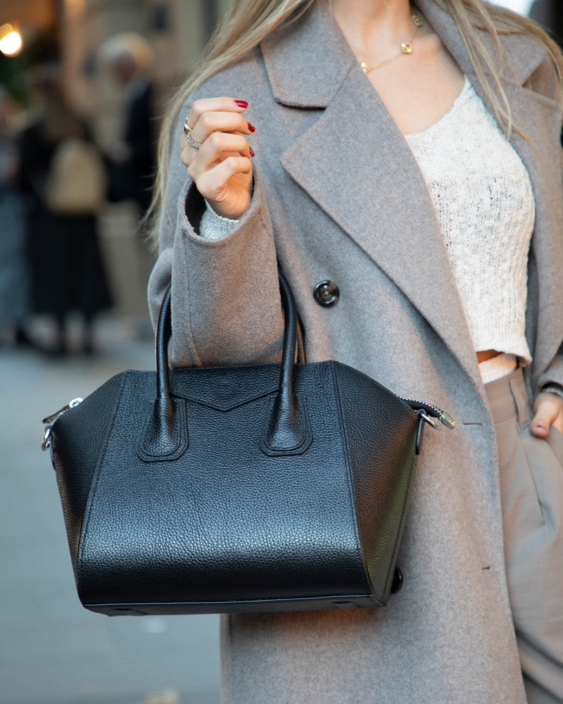 SYSL black leather handbag worn over the shoulder